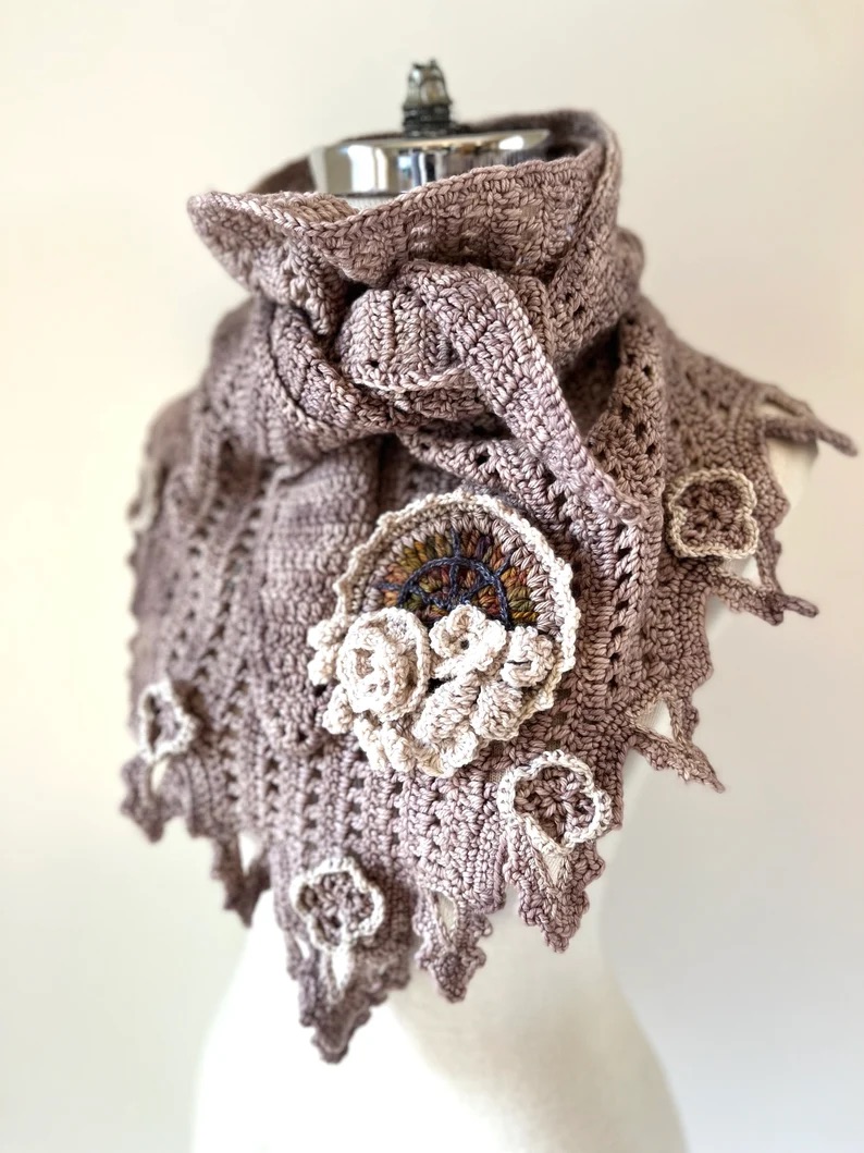 Cathedral Shawl/Scarf with a Stained Glass Rose Window brooch accent is a one of a kind design.